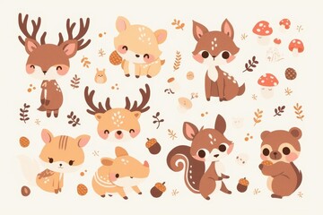 Fototapeta premium Cute cartoon animals in a whimsical forest setting with mushrooms and acorns.