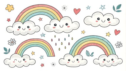A playful and whimsical photostock image of a hand-drawn doodle of clouds and rainbows, capturing a childlike sense of wonder.