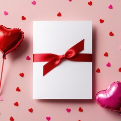 A white card with a red bow sits on a pink background with red hearts