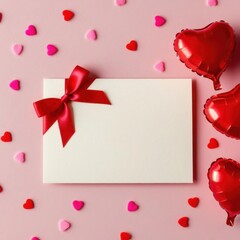 A white card with a red bow sits on a pink background with red hearts