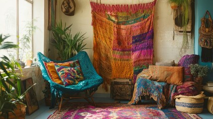 Bohemian room, vibrant textiles, plants, cozy seating.