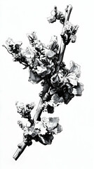 Monochrome close-up of a flowering plant branch.