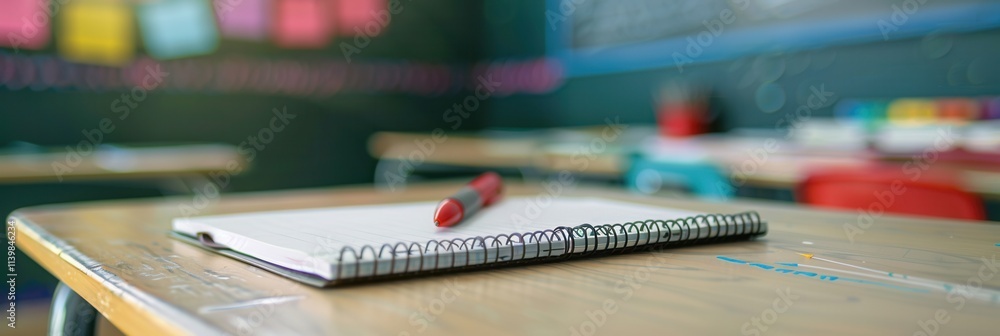 Aufkleber Blank notebook and red pen on a school desk during a quiet classroom moment in a learning environment. Generative AI
