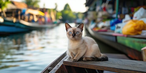 A playful Siamese cat sitting calmly on the wooden bench of a long tail boat converted into a floating market taxi