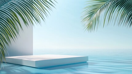 3d background product display podium scene with leaf geometric platform,cloud and sky, palm shadows and white stone podium,Mockup for eco beauty cosmetic advertising,Copy space.