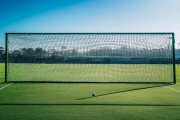 Fototapeta premium Goal net, ball, green field, clear sky.