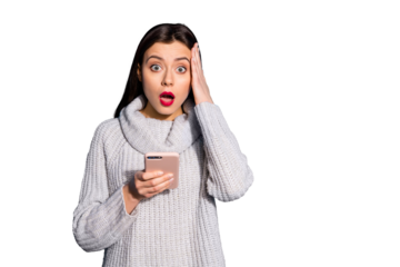 Pretty lady holding telephone hands shocked by news wear warm knitted pullover isolated blue background
