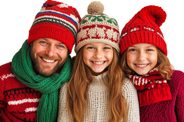 A man and two young girls wearing knitted hats and scarves
