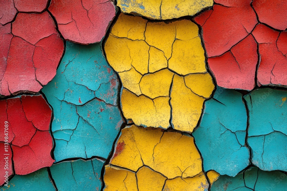 Poster Close-up of cracked paint in vibrant colors creating an abstract pattern.