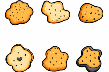 Six assorted cookies with various shapes, textures, and toppings.