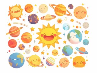 A playful illustration of the solar system featuring happy planets and a sun.