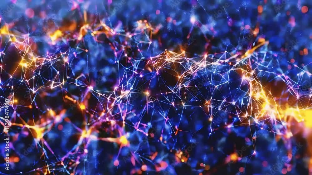 Poster abstract network of glowing, interconnected lines on a dark background.