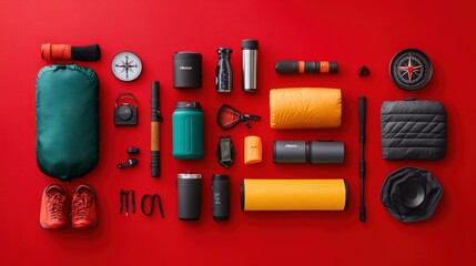 Naklejka premium Flat lay of camping gear, assorted outdoor equipment, including sleeping bag, water bottles, portable speaker, hiking boots, compass, and other accessories, on a vibrant red background.