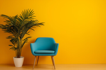 Blue armchair on yellow wall with free space for text colorful interior concept