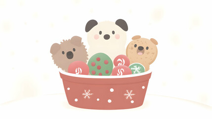 Fototapeta premium Three adorable cartoon dogs nestled in a festive bowl with Christmas ornaments.