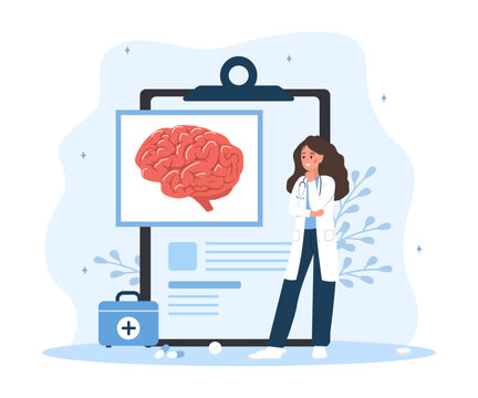 Neurologist concept. Female doctor examine human brain. Anatomy and biology. Neurology or Neuroscience. Vector illustration in flat cartoon style.