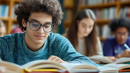 A young man with glasses is reading a book