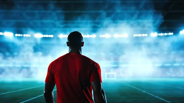 A soccer player framed against the glowing tunnel exit, their red jersey standing out against the bright white light spilling from the stadium.