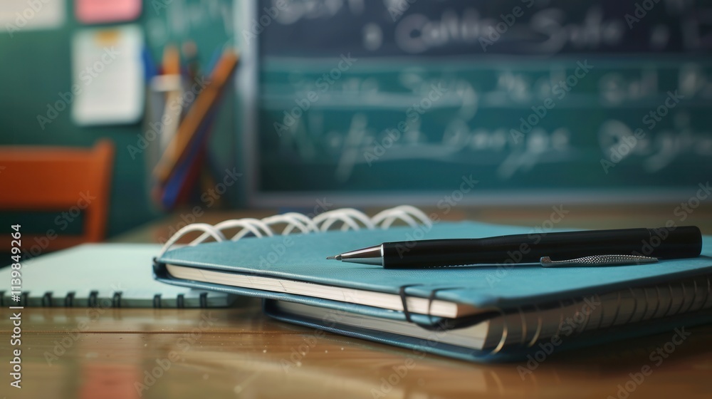 Poster Notebooks and pen on a wooden desk with a chalkboard and classroom supplies in a learning environment. Generative AI