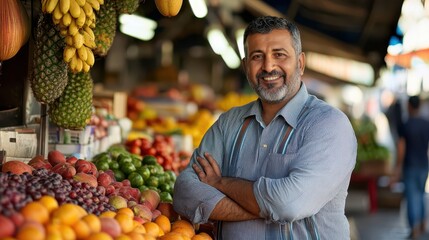 A man stands in front of a fruit stand with a smile on his face