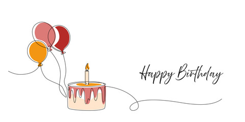 Birthday cake one line drawing in single line art style. Continuous line drawing of birthday cake with candles and balloons editable stroke. Doodle sketch concept isolated. Vector Illustration