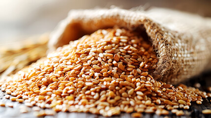 Obraz premium Golden flax seeds in a burlap bag on a wooden table