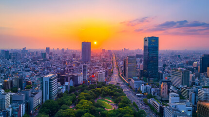 Obraz premium Sunset Cityscape Illustration: Urban Panorama at Golden Hour