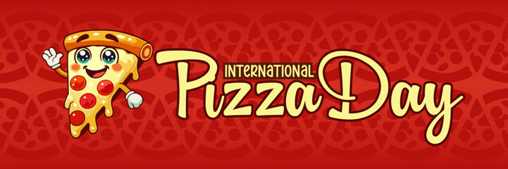 International Pizza Day. International Pizza Day banner vector. Cartoon slice of pizza character with smiling face and waving hand