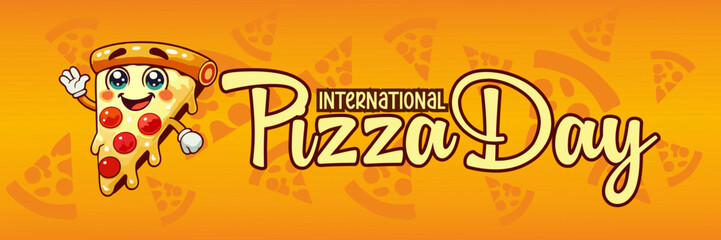 International Pizza Day banner. Cartoon slice of pizza character with smiling face and waving hand. Fun and colorful typography design for National Pizza Day, February 9. Orange background.