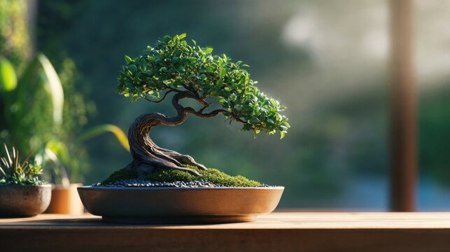Elegant bonsai tree with vibrant green leaves sits in a decorative pot on a wooden table, illuminated by gentle sunlight. A tranquil, zen nature concept