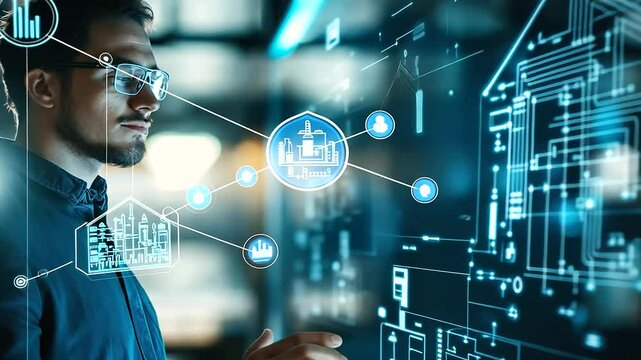 A futuristic setup with an electrician analyzing a holographic home wiring blueprint, the scene illuminated by soft, high-tech lighting.