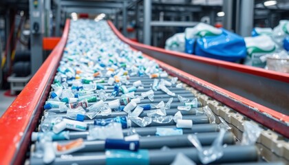 Plastic debris moving on a conveyor in a recycling facility