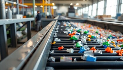 Obraz premium Colorful plastic containers on a conveyor in a recycling plant