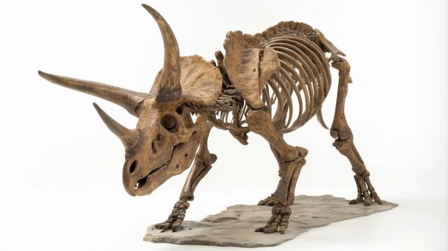 skeleton of a Triceratops, a type of dinosaur. The skeleton is displayed in a standing position with its head lowered, showcasing the distinctive features of the Triceratops