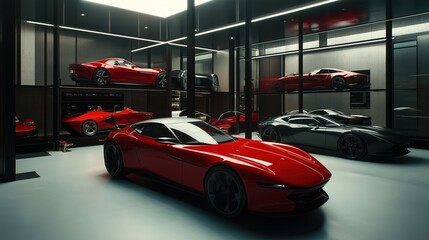 Fototapeta premium Modern cars elegantly arranged in an industrial showroom, showcasing sleek designs and advanced technology, embodying innovation and automotive excellence.