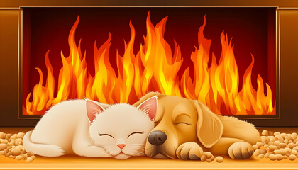 Cat and dog sleeping peacefully by a warm fireplace.