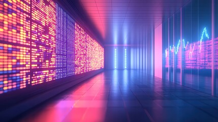 Neon-lit corridor with glowing financial charts on wall
