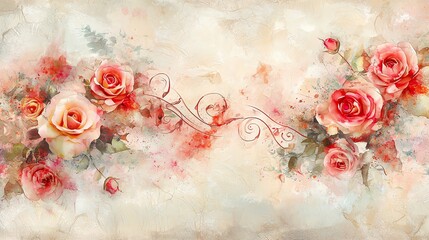 Delicate watercolor border with soft pink and red roses, gentle heart-shaped swirls, and pastel splash effects, romantic and dreamy