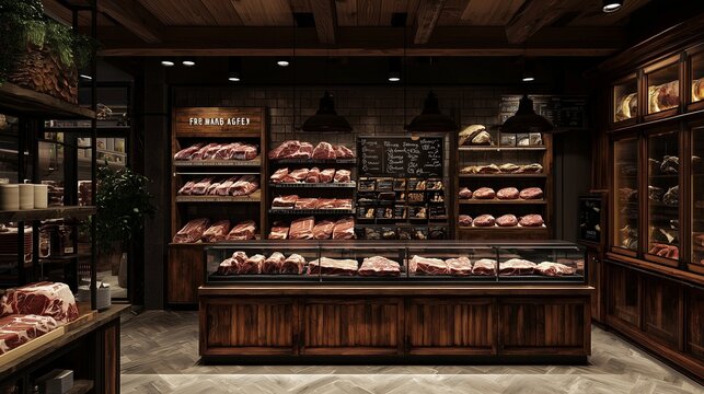 Luxurious display of dry aged beef cuts in a gourmet butcher shop.