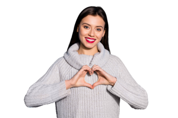 Pretty lady hold arms in heart figure wear warm knitted pullover isolated blue background