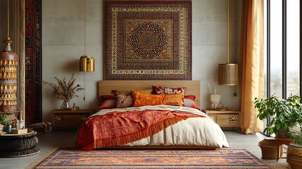 Pakistani bedroom with a mix of modern and cultural elements, featuring brass lamps and geometric decor 