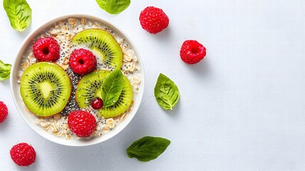A stunning overhead view of a bowl of oatmeal, artistically arranged with colorful kiwi slices, raspberries, and a dusting of chia seeds, on a sleek white background, showcasing a healthy breakfast