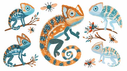 Colorful chameleons on branches with insects.