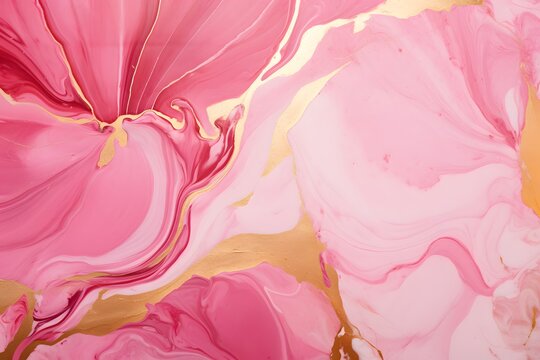 Red and soft pink marble abstract background texture. Pink fluid painted artificial marble surface with gold veins and foil.