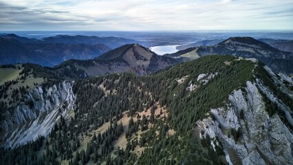 Mountain Bavaria Aerial view of lake Tegernsee and city of Gmund.   wooded mountain slopes