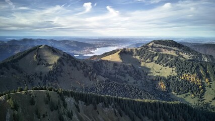 Mountain Bavaria Aerial view of lake Tegernsee and city of Gmund.   wooded mountain slopes
