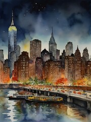 Obraz premium Sunset Over New York: A Stunning Watercolor View