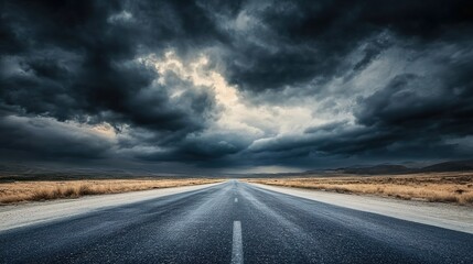 Naklejka premium Empty road under stormy skies, dark clouds looming, dramatic landscape