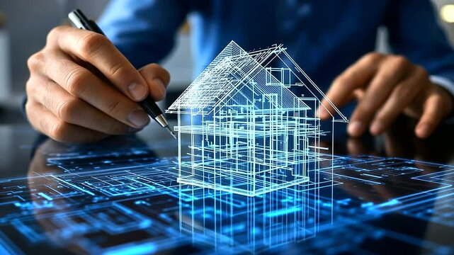 A skilled electrician planning an advanced home wiring system, referencing a holographic blueprint glowing in blue, in a clean, high-tech environment.