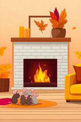 Cozy autumn living room with fireplace, mice, and fall decor.